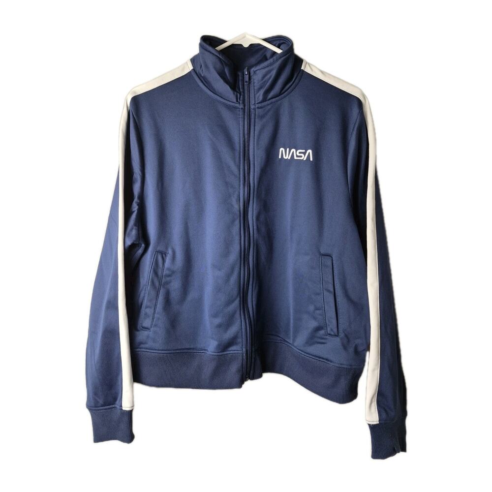 Mighty Fine NASA Sweatshirt Women Size Large Navy Blue White Full Zip-Up Pockets